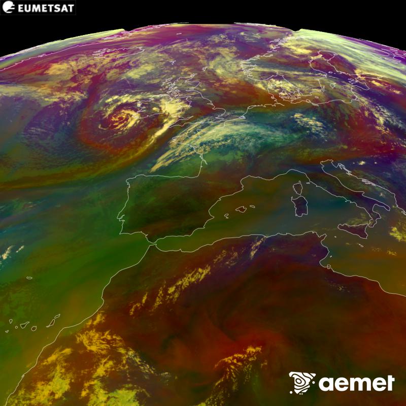 Cette image RVB est g�n�r�e � partir des donn�es des canaux infrarouges et de vapeur d'eau du satellite METEOSAT-12, qui fait partie de la troisi�me g�n�ration de satellites Meteosat (MTG). Elle donne une id�e des caract�ristiques des masses d'air. Les heures indiqu�es se rapportent � la p�ninsule (une heure de moins aux �les Canaries).&nbsp;dimanche, 30 ao�t  2026 12:00