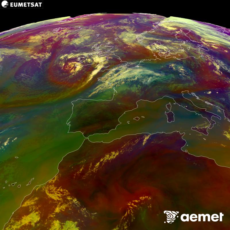 RGB irudi hori METEOSAT-12 satelitearen kanal infragorrien eta ur-lurrunaren informazioa erabiliz sortzen da, Meteosat (MTG) sateliteen hirugarren belaunaldikoa. Aire-masen ezaugarrien ideia bat ematen digu. Ordu horiek penintsulari dagozkio (ordubete gutxiago Kanariar Uharteetan).&nbsp;igandea, 2026ko abuztuak 30, ordua: 13:00