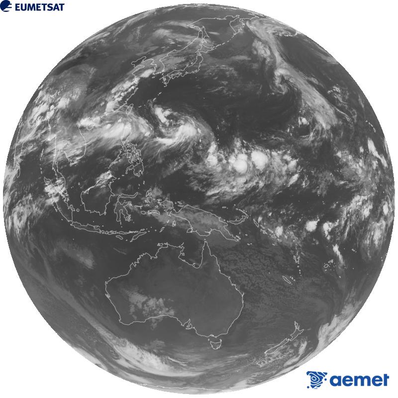 Imatge global del canal infraroig (longitud d'ona 10.4 �m) del sat�l�lit geoestacionari japon�s Himawari-9. Les hores indicades es refereixen a la pen�nsula (una hora menys a les Illes Can�ries).&nbsp;diumenge, 30 d?agost  2026 14:00