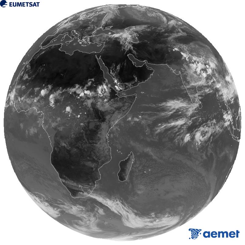 A global image from the infrared channel (wavelength 10.8 �m) of the European geostationary satellite Meteosat-9, part of the second generation of Meteosat satellites. The times shown are for the Iberian Peninsula (one hour earlier in the Canary Islands).&nbsp;Sunday, 30 August  2026 14:00