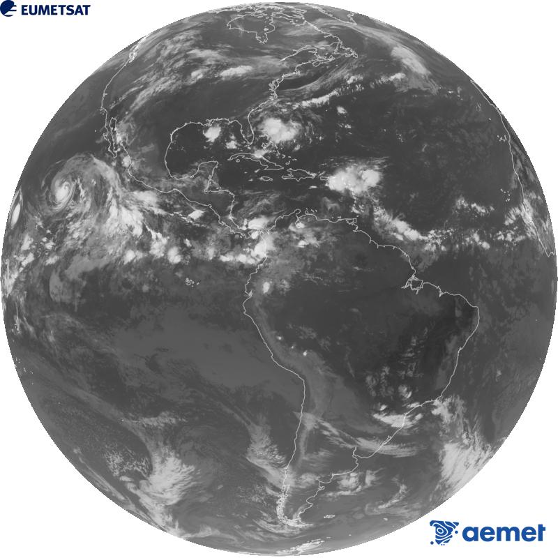 Imaxe global da canle infravermella (lonxitude de onda 10.3 �m) do sat�lite xeoestacionario estadounidense GOES-19. As horas indicadas ref�rense � pen�nsula (unha hora menos nas Illas Canarias).&nbsp;domingo, 30 agosto  2026 14:00
