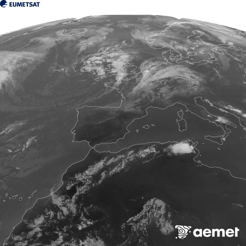 Esta imagen se genera utilizando informaci�n del canal Infrarrojo 10.5 �m del sat�lite METEOSAT-12, perteneciente a la tercera generaci�n de sat�lites Meteosat (MTG). Para que la imagen se asemeje m�s a la percepci�n del ojo humano, la escala de grises est� invertida. Las horas indicadas se refieren a la pen�nsula (una hora menos en las Islas Canarias).&nbsp;domingo, 30 agosto 2026 a las 19:00