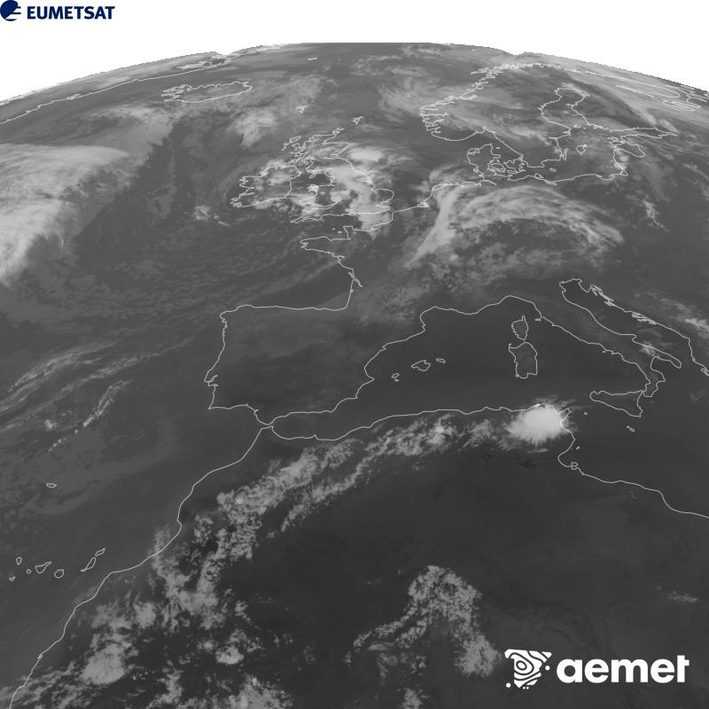 Esta imagen se genera utilizando informaci�n del canal Infrarrojo 10.5 �m del sat�lite METEOSAT-12, perteneciente a la tercera generaci�n de sat�lites Meteosat (MTG). Para que la imagen se asemeje m�s a la percepci�n del ojo humano, la escala de grises est� invertida. Las horas indicadas se refieren a la pen�nsula (una hora menos en las Islas Canarias).&nbsp;domingo, 30 agosto 2026 a las 21:00