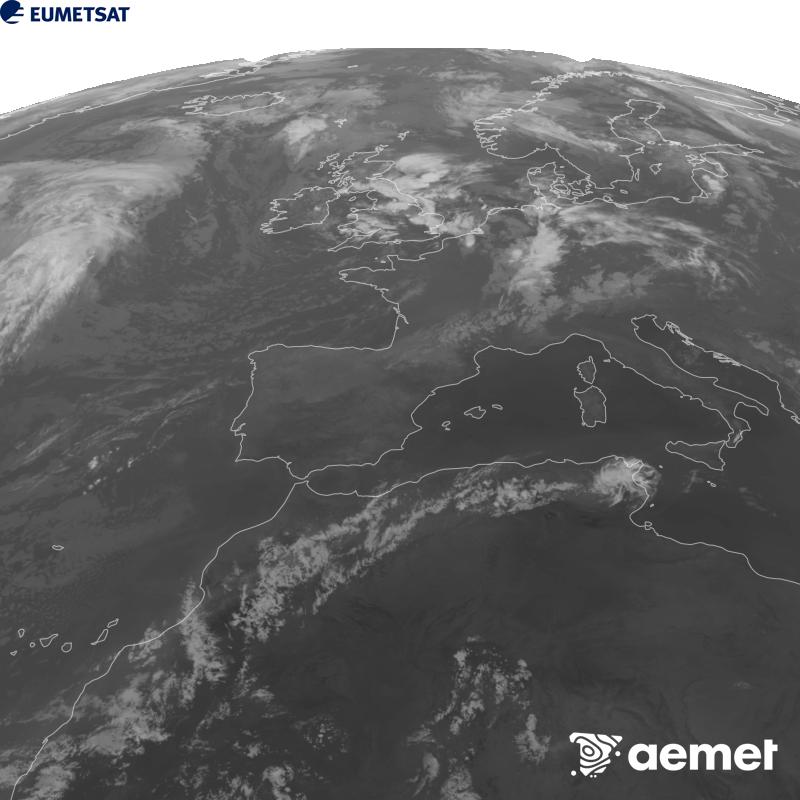 Esta imagen se genera utilizando informaci�n del canal Infrarrojo 10.5 �m del sat�lite METEOSAT-12, perteneciente a la tercera generaci�n de sat�lites Meteosat (MTG). Para que la imagen se asemeje m�s a la percepci�n del ojo humano, la escala de grises est� invertida. Las horas indicadas se refieren a la pen�nsula (una hora menos en las Islas Canarias).&nbsp;lunes, 31 agosto 2026 a las 00:00