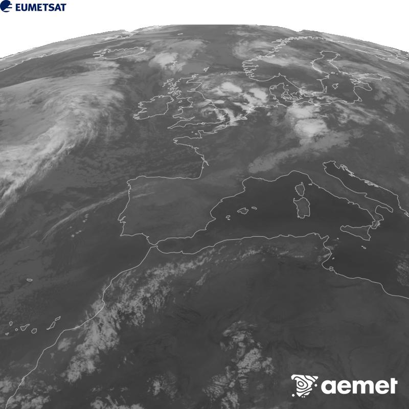 Esta imagen se genera utilizando informaci�n del canal Infrarrojo 10.5 �m del sat�lite METEOSAT-12, perteneciente a la tercera generaci�n de sat�lites Meteosat (MTG). Para que la imagen se asemeje m�s a la percepci�n del ojo humano, la escala de grises est� invertida. Las horas indicadas se refieren a la pen�nsula (una hora menos en las Islas Canarias).&nbsp;lunes, 31 agosto 2026 a las 05:00