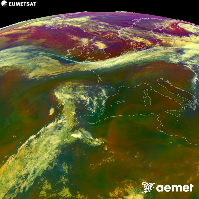 This RGB image is generated using infrared and water vapour channel data from the METEOSAT-12 satellite, which belongs to the third generation of Meteosat satellites (MTG). It gives us an idea of the characteristics of the air masses. The times shown refer to the Iberian Peninsula (one hour earlier in the Canary Islands).&nbsp;Friday, 4 September  2026 22:00