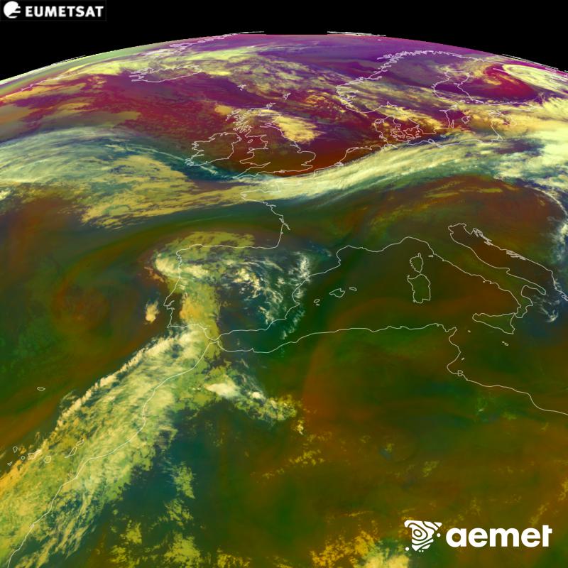 This RGB image is generated using infrared and water vapour channel data from the METEOSAT-12 satellite, which belongs to the third generation of Meteosat satellites (MTG). It gives us an idea of the characteristics of the air masses. The times shown refer to the Iberian Peninsula (one hour earlier in the Canary Islands).&nbsp;Friday, 4 September  2026 23:00