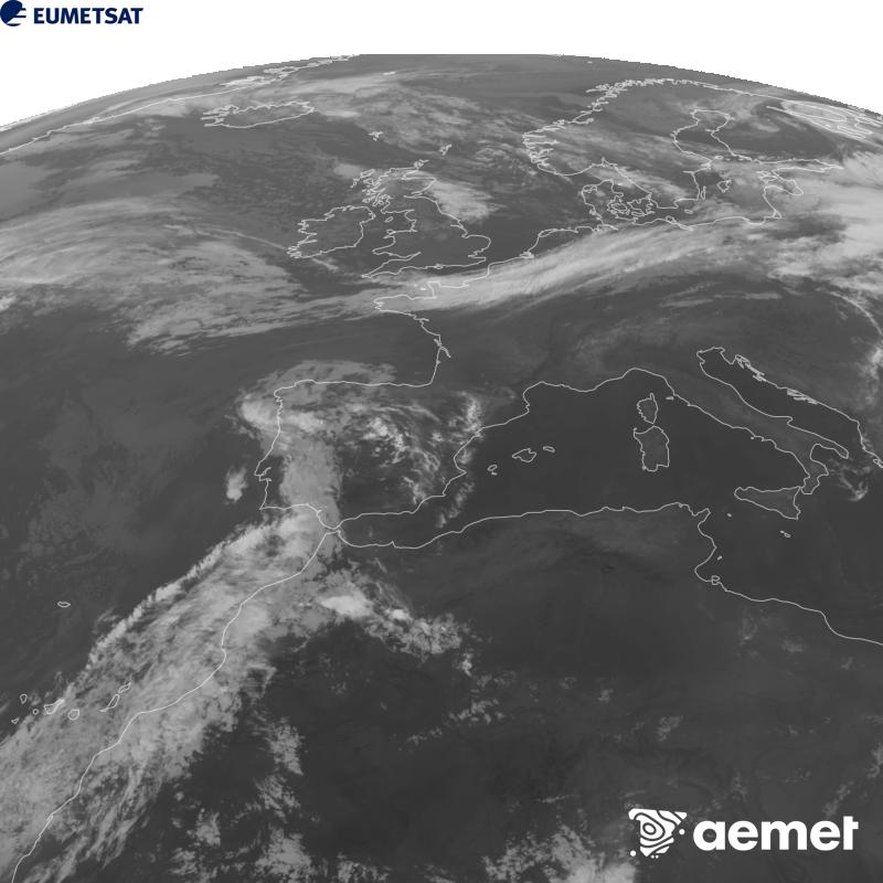 This image has been generated using data from the 10.5 �m infrared channel of the METEOSAT-12 satellite, which belongs to the third generation of Meteosat satellites (MTG). To make the image more closely resemble what the human eye sees, the greyscale has been inverted. The times shown refer to mainland Spain (one hour earlier in the Canary Islands).&nbsp;Friday, 4 September  2026 23:00