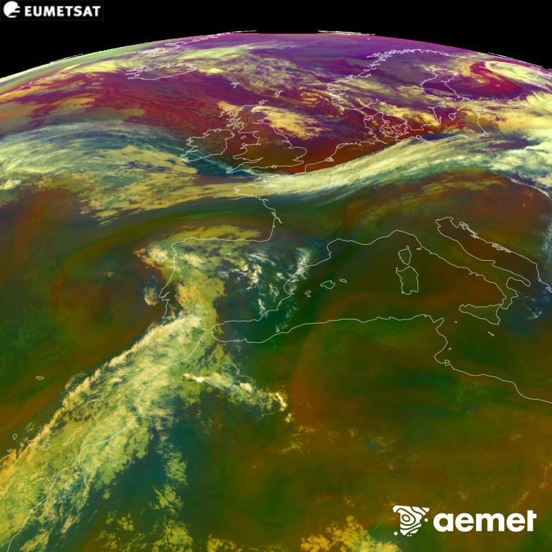 This RGB image is generated using infrared and water vapour channel data from the METEOSAT-12 satellite, which belongs to the third generation of Meteosat satellites (MTG). It gives us an idea of the characteristics of the air masses. The times shown refer to the Iberian Peninsula (one hour earlier in the Canary Islands).&nbsp;Saturday, 5 September  2026 00:00