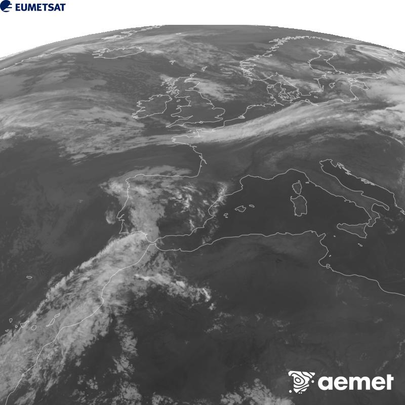 This image has been generated using data from the 10.5 �m infrared channel of the METEOSAT-12 satellite, which belongs to the third generation of Meteosat satellites (MTG). To make the image more closely resemble what the human eye sees, the greyscale has been inverted. The times shown refer to mainland Spain (one hour earlier in the Canary Islands).&nbsp;Saturday, 5 September  2026 00:00