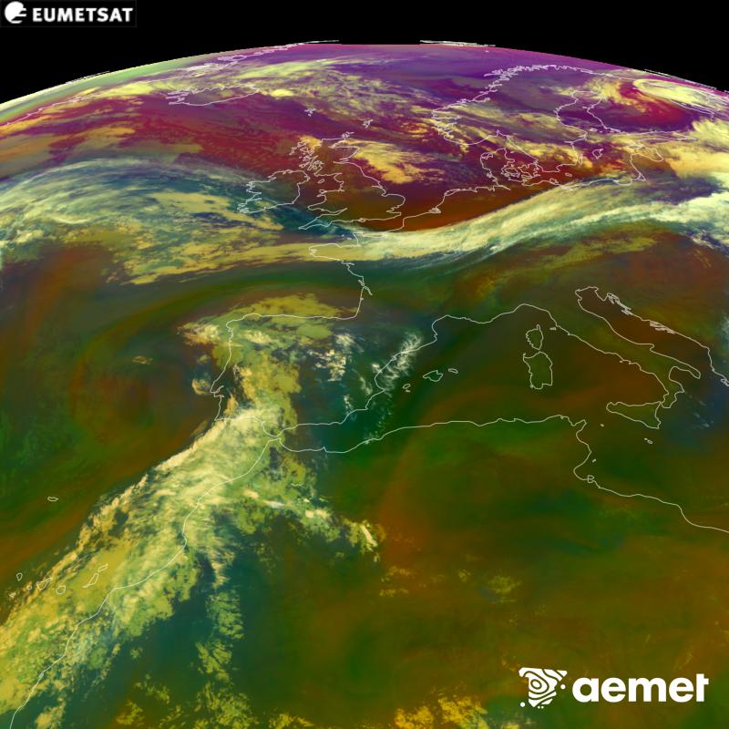 This RGB image is generated using infrared and water vapour channel data from the METEOSAT-12 satellite, which belongs to the third generation of Meteosat satellites (MTG). It gives us an idea of the characteristics of the air masses. The times shown refer to the Iberian Peninsula (one hour earlier in the Canary Islands).&nbsp;Saturday, 5 September  2026 01:00