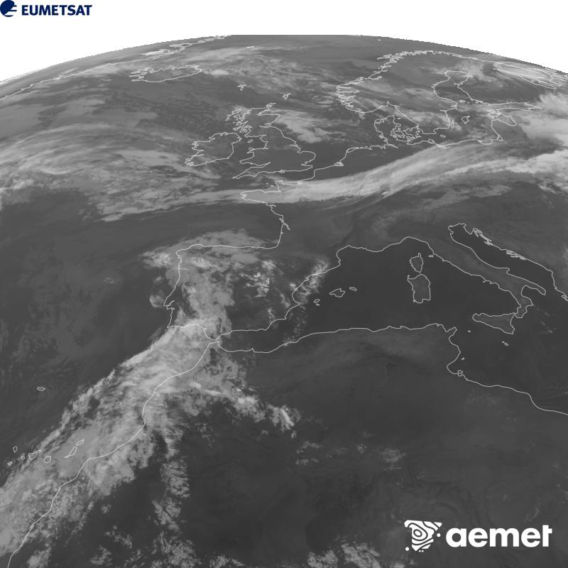 This image has been generated using data from the 10.5 �m infrared channel of the METEOSAT-12 satellite, which belongs to the third generation of Meteosat satellites (MTG). To make the image more closely resemble what the human eye sees, the greyscale has been inverted. The times shown refer to mainland Spain (one hour earlier in the Canary Islands).&nbsp;Saturday, 5 September  2026 01:00