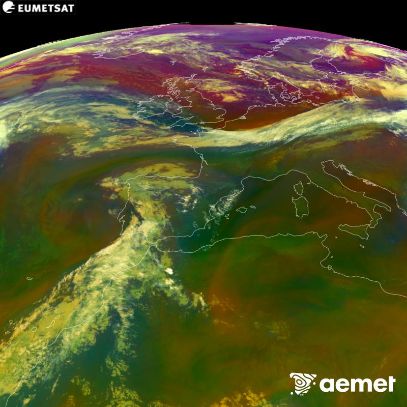 This RGB image is generated using infrared and water vapour channel data from the METEOSAT-12 satellite, which belongs to the third generation of Meteosat satellites (MTG). It gives us an idea of the characteristics of the air masses. The times shown refer to the Iberian Peninsula (one hour earlier in the Canary Islands).&nbsp;Saturday, 5 September  2026 02:00