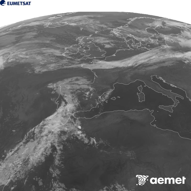 This image has been generated using data from the 10.5 �m infrared channel of the METEOSAT-12 satellite, which belongs to the third generation of Meteosat satellites (MTG). To make the image more closely resemble what the human eye sees, the greyscale has been inverted. The times shown refer to mainland Spain (one hour earlier in the Canary Islands).&nbsp;Saturday, 5 September  2026 02:00