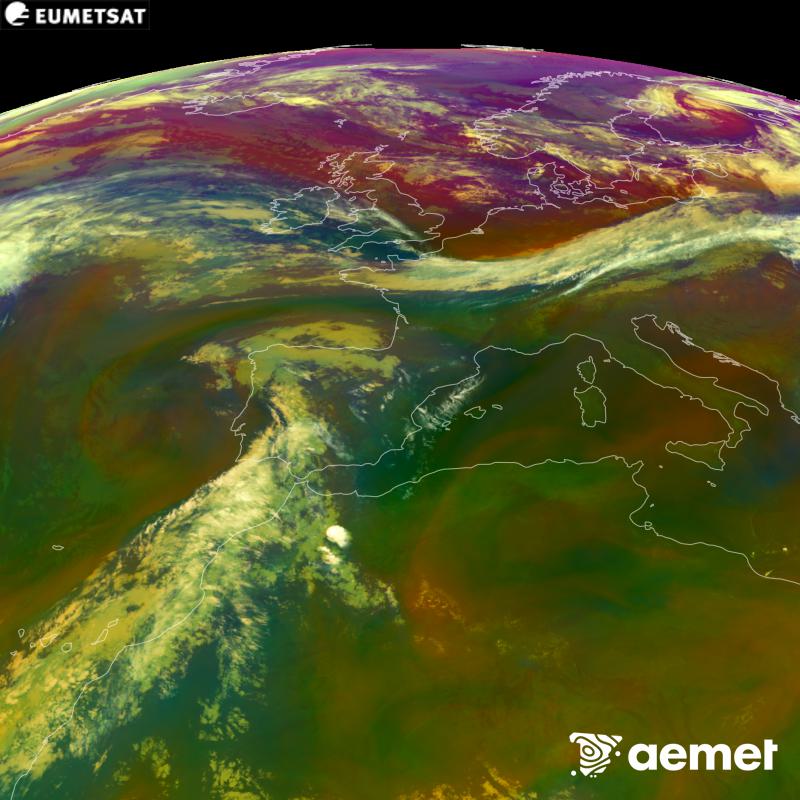 This RGB image is generated using infrared and water vapour channel data from the METEOSAT-12 satellite, which belongs to the third generation of Meteosat satellites (MTG). It gives us an idea of the characteristics of the air masses. The times shown refer to the Iberian Peninsula (one hour earlier in the Canary Islands).&nbsp;Saturday, 5 September  2026 03:00