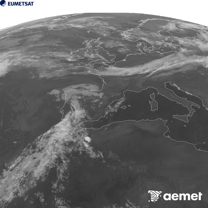 This image has been generated using data from the 10.5 �m infrared channel of the METEOSAT-12 satellite, which belongs to the third generation of Meteosat satellites (MTG). To make the image more closely resemble what the human eye sees, the greyscale has been inverted. The times shown refer to mainland Spain (one hour earlier in the Canary Islands).&nbsp;Saturday, 5 September  2026 03:00