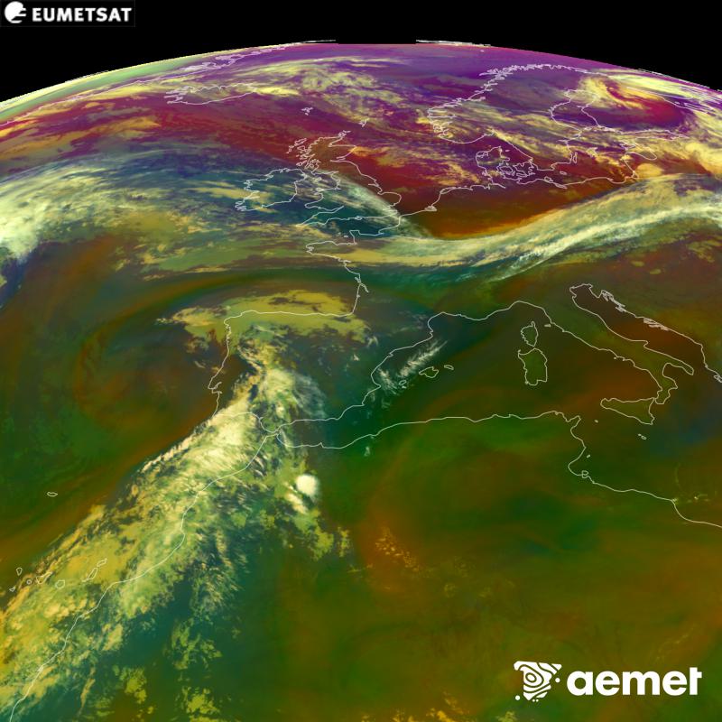 This RGB image is generated using infrared and water vapour channel data from the METEOSAT-12 satellite, which belongs to the third generation of Meteosat satellites (MTG). It gives us an idea of the characteristics of the air masses. The times shown refer to the Iberian Peninsula (one hour earlier in the Canary Islands).&nbsp;Saturday, 5 September  2026 04:00