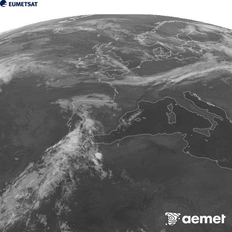 This image has been generated using data from the 10.5 �m infrared channel of the METEOSAT-12 satellite, which belongs to the third generation of Meteosat satellites (MTG). To make the image more closely resemble what the human eye sees, the greyscale has been inverted. The times shown refer to mainland Spain (one hour earlier in the Canary Islands).&nbsp;Saturday, 5 September  2026 04:00