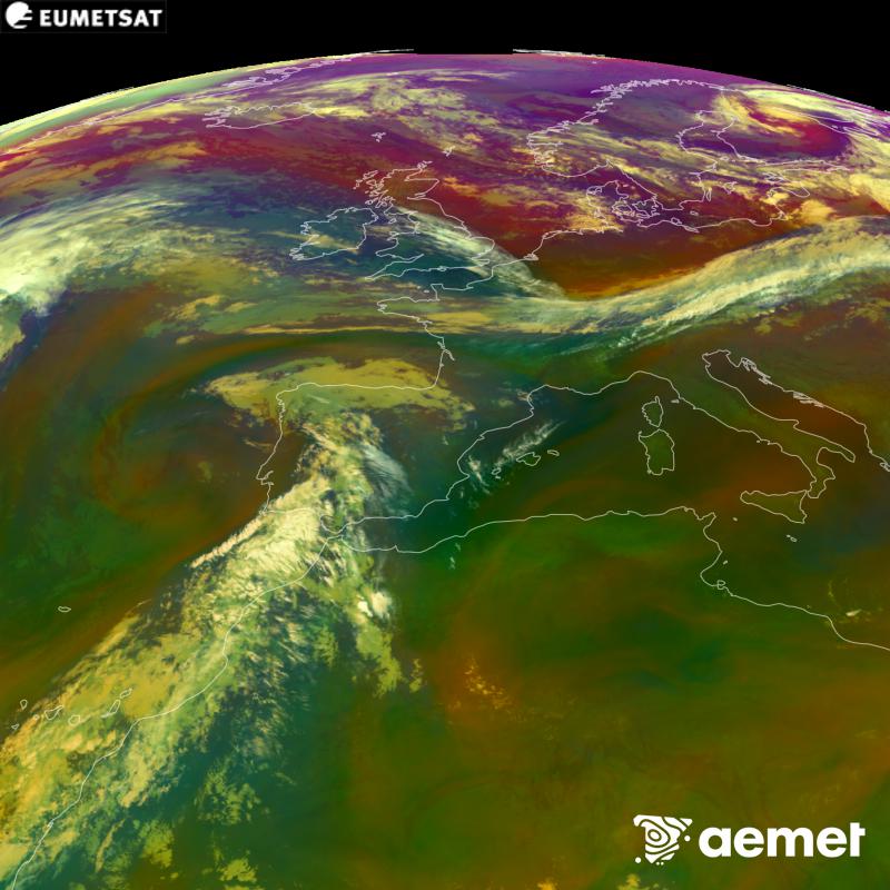 This RGB image is generated using infrared and water vapour channel data from the METEOSAT-12 satellite, which belongs to the third generation of Meteosat satellites (MTG). It gives us an idea of the characteristics of the air masses. The times shown refer to the Iberian Peninsula (one hour earlier in the Canary Islands).&nbsp;Saturday, 5 September  2026 05:00