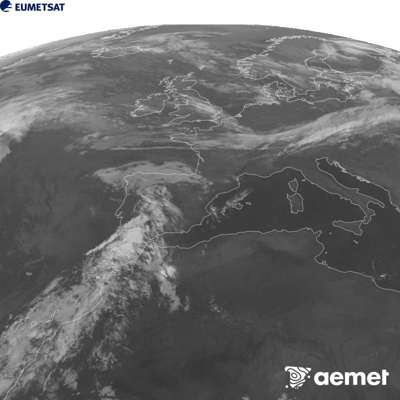 This image has been generated using data from the 10.5 �m infrared channel of the METEOSAT-12 satellite, which belongs to the third generation of Meteosat satellites (MTG). To make the image more closely resemble what the human eye sees, the greyscale has been inverted. The times shown refer to mainland Spain (one hour earlier in the Canary Islands).&nbsp;Saturday, 5 September  2026 05:00