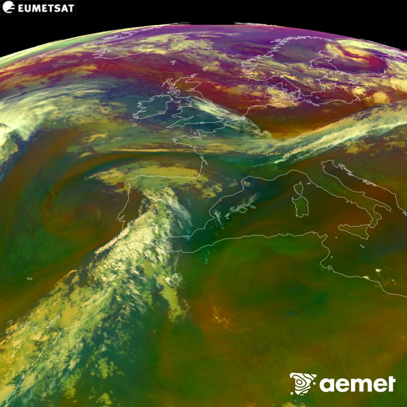 This RGB image is generated using infrared and water vapour channel data from the METEOSAT-12 satellite, which belongs to the third generation of Meteosat satellites (MTG). It gives us an idea of the characteristics of the air masses. The times shown refer to the Iberian Peninsula (one hour earlier in the Canary Islands).&nbsp;Saturday, 5 September  2026 06:00