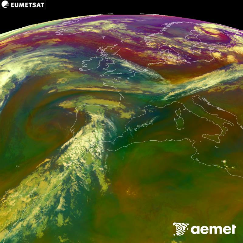 This RGB image is generated using infrared and water vapour channel data from the METEOSAT-12 satellite, which belongs to the third generation of Meteosat satellites (MTG). It gives us an idea of the characteristics of the air masses. The times shown refer to the Iberian Peninsula (one hour earlier in the Canary Islands).&nbsp;Saturday, 5 September  2026 07:00