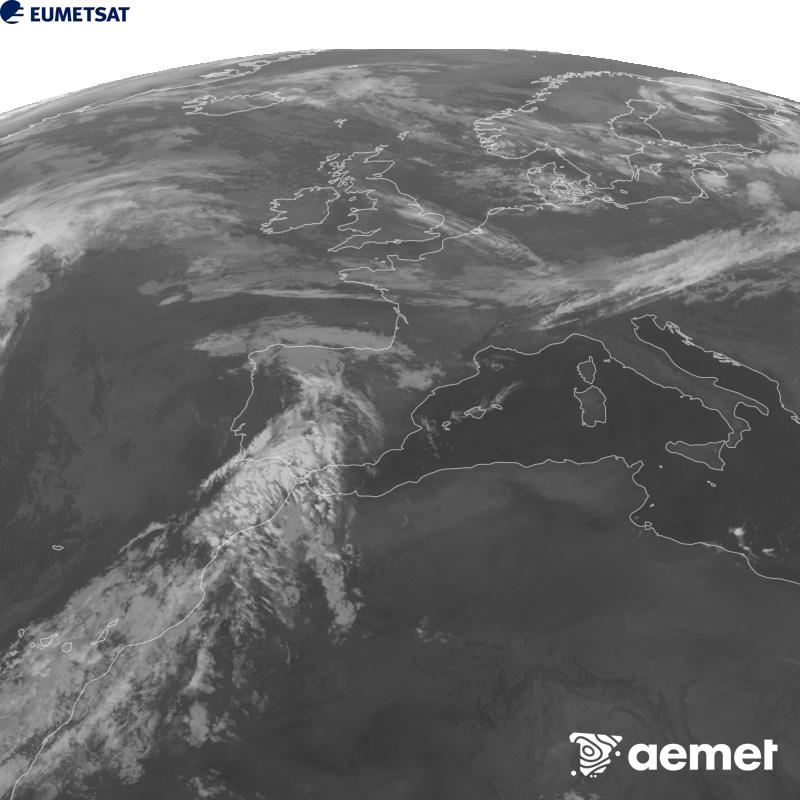 This image has been generated using data from the 10.5 �m infrared channel of the METEOSAT-12 satellite, which belongs to the third generation of Meteosat satellites (MTG). To make the image more closely resemble what the human eye sees, the greyscale has been inverted. The times shown refer to mainland Spain (one hour earlier in the Canary Islands).&nbsp;Saturday, 5 September  2026 07:00