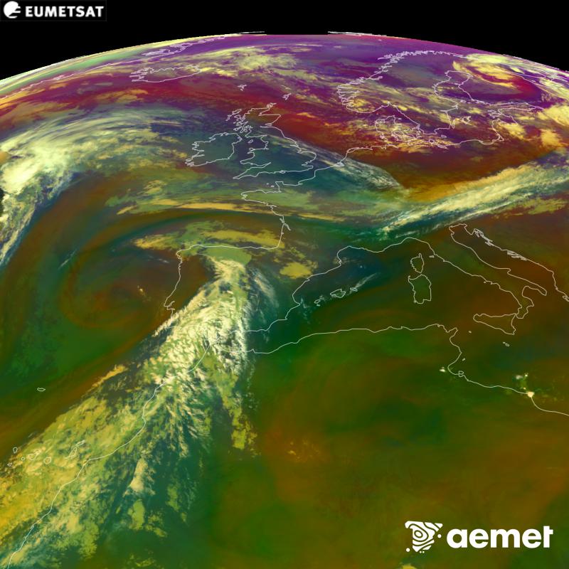 This RGB image is generated using infrared and water vapour channel data from the METEOSAT-12 satellite, which belongs to the third generation of Meteosat satellites (MTG). It gives us an idea of the characteristics of the air masses. The times shown refer to the Iberian Peninsula (one hour earlier in the Canary Islands).&nbsp;Saturday, 5 September  2026 08:00