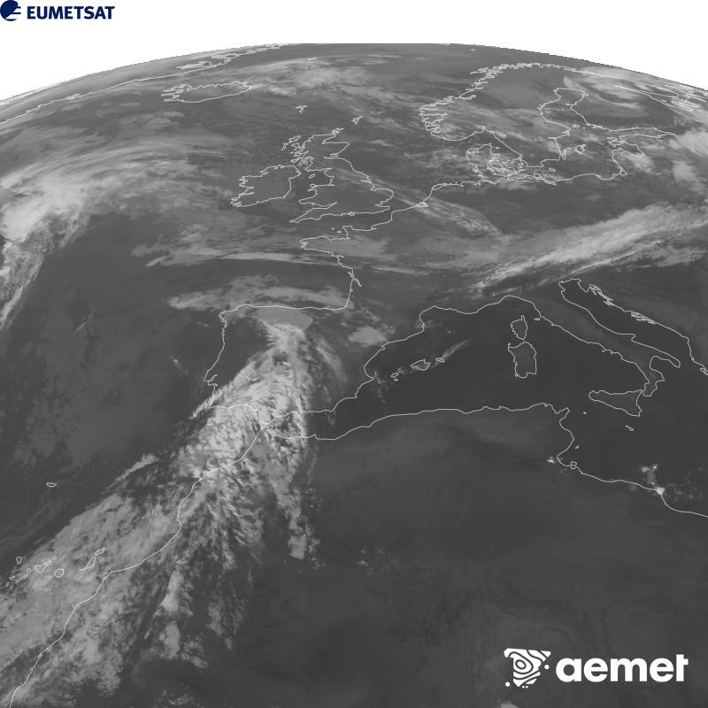 This image has been generated using data from the 10.5 �m infrared channel of the METEOSAT-12 satellite, which belongs to the third generation of Meteosat satellites (MTG). To make the image more closely resemble what the human eye sees, the greyscale has been inverted. The times shown refer to mainland Spain (one hour earlier in the Canary Islands).&nbsp;Saturday, 5 September  2026 08:00