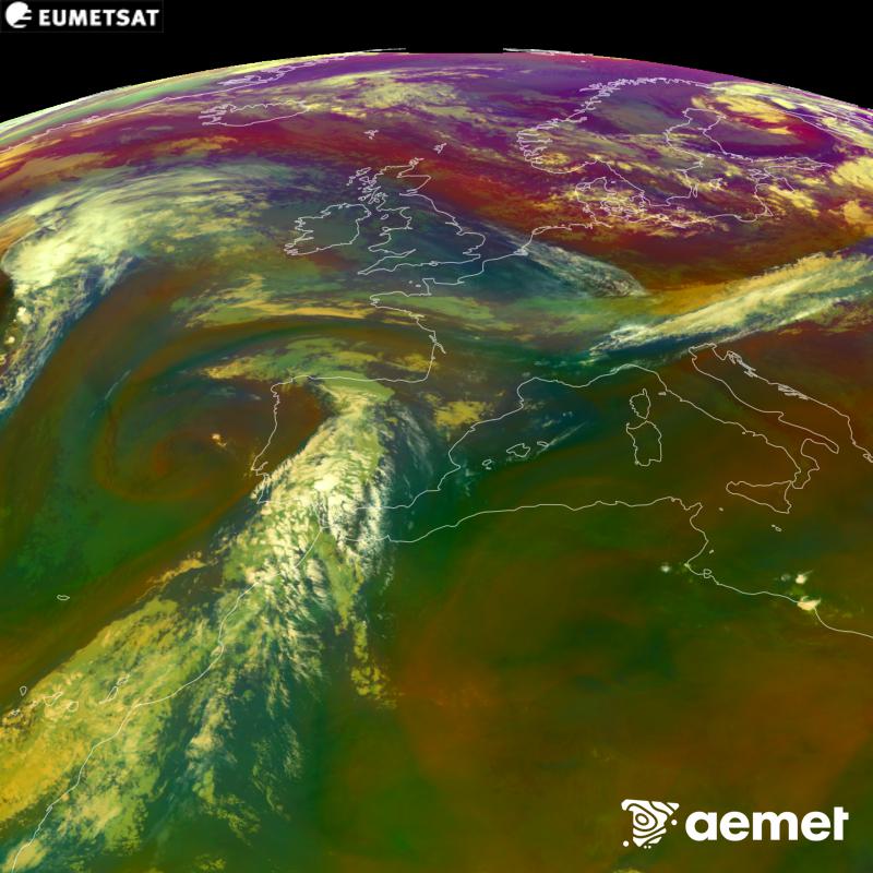 This RGB image is generated using infrared and water vapour channel data from the METEOSAT-12 satellite, which belongs to the third generation of Meteosat satellites (MTG). It gives us an idea of the characteristics of the air masses. The times shown refer to the Iberian Peninsula (one hour earlier in the Canary Islands).&nbsp;Saturday, 5 September  2026 09:00