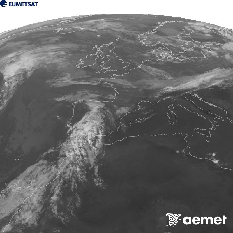 This image has been generated using data from the 10.5 �m infrared channel of the METEOSAT-12 satellite, which belongs to the third generation of Meteosat satellites (MTG). To make the image more closely resemble what the human eye sees, the greyscale has been inverted. The times shown refer to mainland Spain (one hour earlier in the Canary Islands).&nbsp;Saturday, 5 September  2026 09:00