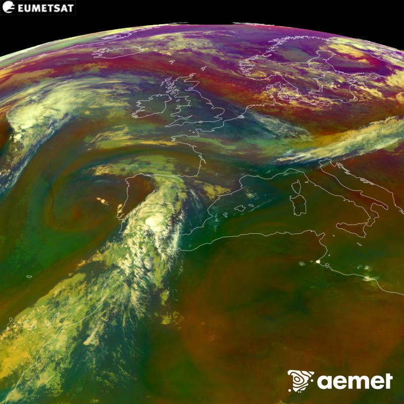 This RGB image is generated using infrared and water vapour channel data from the METEOSAT-12 satellite, which belongs to the third generation of Meteosat satellites (MTG). It gives us an idea of the characteristics of the air masses. The times shown refer to the Iberian Peninsula (one hour earlier in the Canary Islands).&nbsp;Saturday, 5 September  2026 10:00