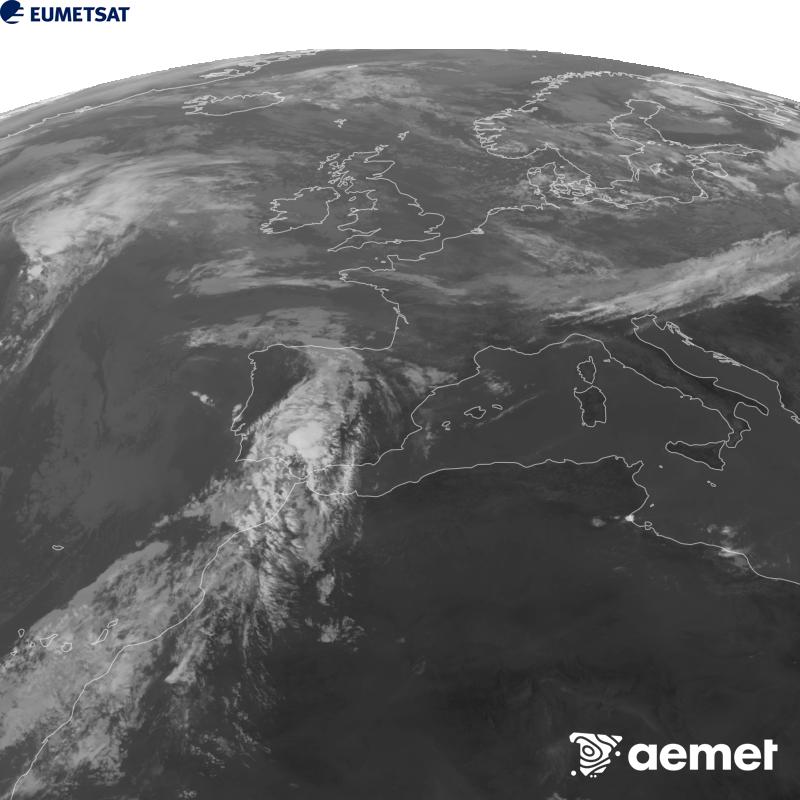 This image has been generated using data from the 10.5 �m infrared channel of the METEOSAT-12 satellite, which belongs to the third generation of Meteosat satellites (MTG). To make the image more closely resemble what the human eye sees, the greyscale has been inverted. The times shown refer to mainland Spain (one hour earlier in the Canary Islands).&nbsp;Saturday, 5 September  2026 10:00