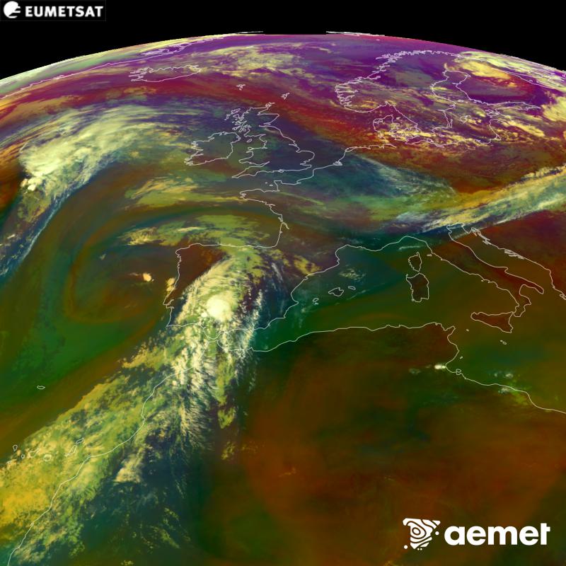 This RGB image is generated using infrared and water vapour channel data from the METEOSAT-12 satellite, which belongs to the third generation of Meteosat satellites (MTG). It gives us an idea of the characteristics of the air masses. The times shown refer to the Iberian Peninsula (one hour earlier in the Canary Islands).&nbsp;Saturday, 5 September  2026 11:00