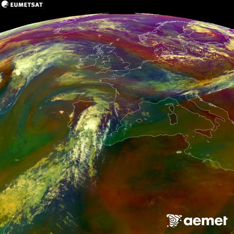 This RGB image is generated using infrared and water vapour channel data from the METEOSAT-12 satellite, which belongs to the third generation of Meteosat satellites (MTG). It gives us an idea of the characteristics of the air masses. The times shown refer to the Iberian Peninsula (one hour earlier in the Canary Islands).&nbsp;Saturday, 5 September  2026 12:00