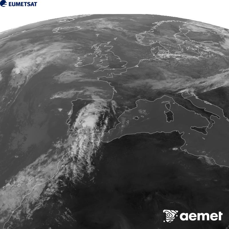 This image has been generated using data from the 10.5 �m infrared channel of the METEOSAT-12 satellite, which belongs to the third generation of Meteosat satellites (MTG). To make the image more closely resemble what the human eye sees, the greyscale has been inverted. The times shown refer to mainland Spain (one hour earlier in the Canary Islands).&nbsp;Saturday, 5 September  2026 12:00