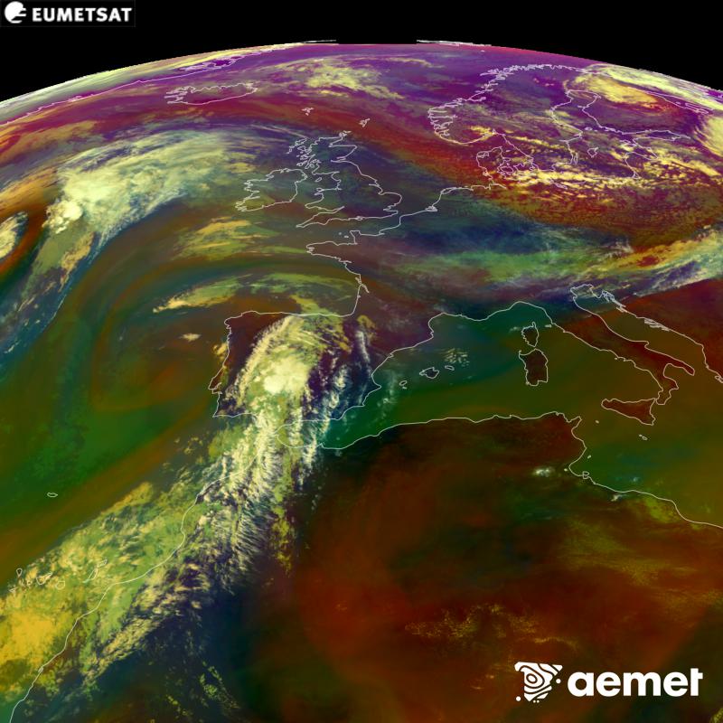 This RGB image is generated using infrared and water vapour channel data from the METEOSAT-12 satellite, which belongs to the third generation of Meteosat satellites (MTG). It gives us an idea of the characteristics of the air masses. The times shown refer to the Iberian Peninsula (one hour earlier in the Canary Islands).&nbsp;Saturday, 5 September  2026 13:00