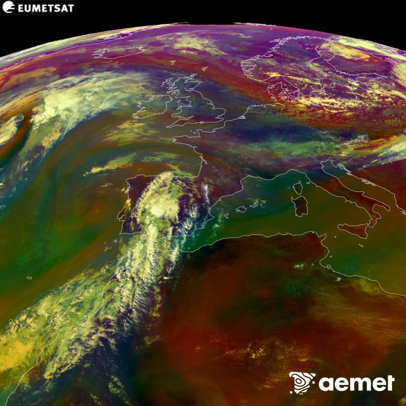 This RGB image is generated using infrared and water vapour channel data from the METEOSAT-12 satellite, which belongs to the third generation of Meteosat satellites (MTG). It gives us an idea of the characteristics of the air masses. The times shown refer to the Iberian Peninsula (one hour earlier in the Canary Islands).&nbsp;Saturday, 5 September  2026 14:00