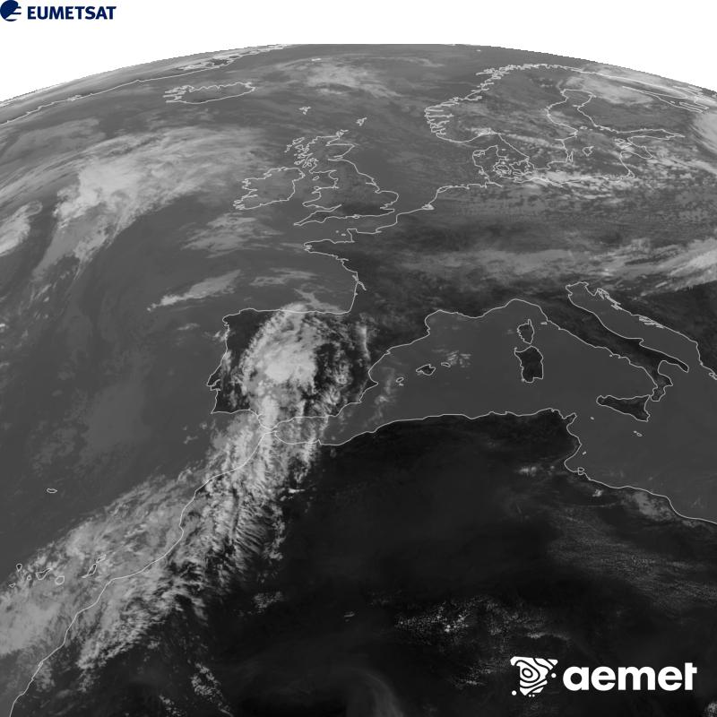 This image has been generated using data from the 10.5 �m infrared channel of the METEOSAT-12 satellite, which belongs to the third generation of Meteosat satellites (MTG). To make the image more closely resemble what the human eye sees, the greyscale has been inverted. The times shown refer to mainland Spain (one hour earlier in the Canary Islands).&nbsp;Saturday, 5 September  2026 14:00