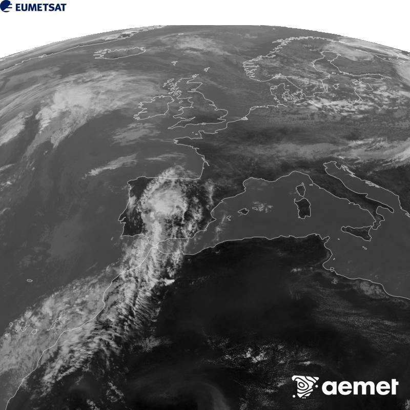 This image has been generated using data from the 10.5 �m infrared channel of the METEOSAT-12 satellite, which belongs to the third generation of Meteosat satellites (MTG). To make the image more closely resemble what the human eye sees, the greyscale has been inverted. The times shown refer to mainland Spain (one hour earlier in the Canary Islands).&nbsp;Saturday, 5 September  2026 15:00