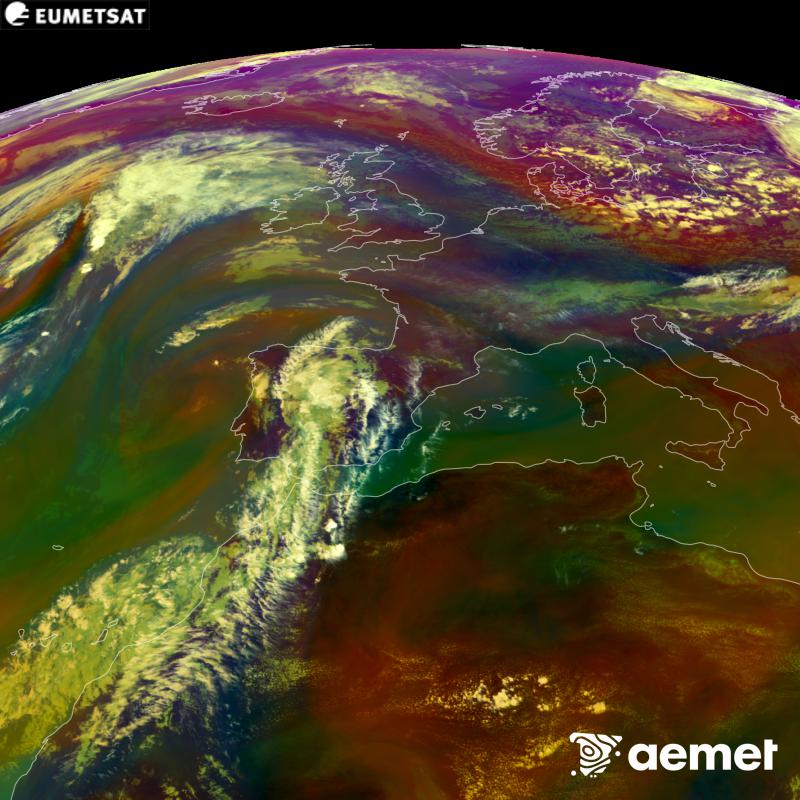 This RGB image is generated using infrared and water vapour channel data from the METEOSAT-12 satellite, which belongs to the third generation of Meteosat satellites (MTG). It gives us an idea of the characteristics of the air masses. The times shown refer to the Iberian Peninsula (one hour earlier in the Canary Islands).&nbsp;Saturday, 5 September  2026 16:00