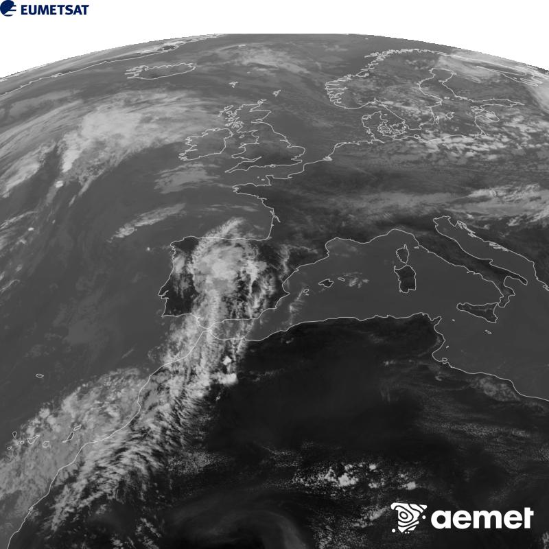 This image has been generated using data from the 10.5 �m infrared channel of the METEOSAT-12 satellite, which belongs to the third generation of Meteosat satellites (MTG). To make the image more closely resemble what the human eye sees, the greyscale has been inverted. The times shown refer to mainland Spain (one hour earlier in the Canary Islands).&nbsp;Saturday, 5 September  2026 16:00