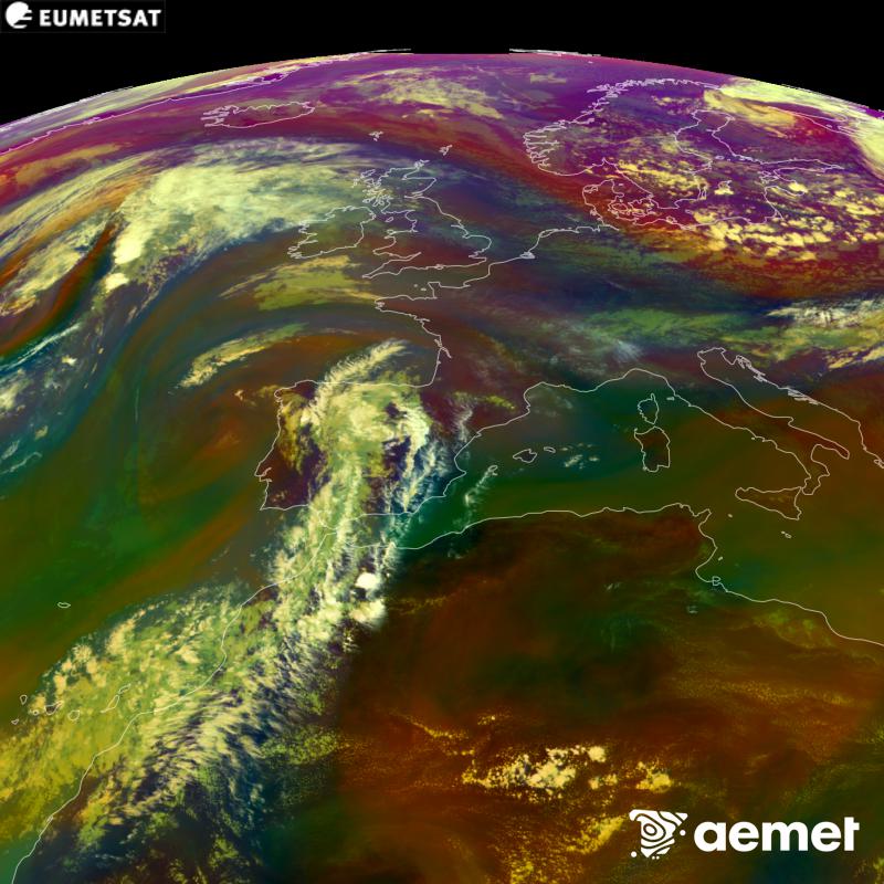 This RGB image is generated using infrared and water vapour channel data from the METEOSAT-12 satellite, which belongs to the third generation of Meteosat satellites (MTG). It gives us an idea of the characteristics of the air masses. The times shown refer to the Iberian Peninsula (one hour earlier in the Canary Islands).&nbsp;Saturday, 5 September  2026 17:00