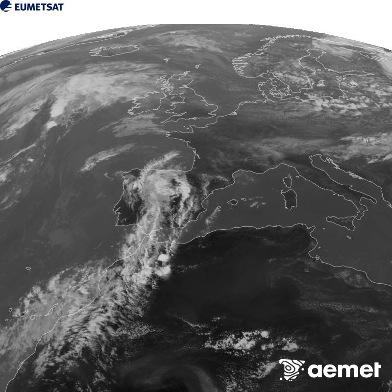 This image has been generated using data from the 10.5 �m infrared channel of the METEOSAT-12 satellite, which belongs to the third generation of Meteosat satellites (MTG). To make the image more closely resemble what the human eye sees, the greyscale has been inverted. The times shown refer to mainland Spain (one hour earlier in the Canary Islands).&nbsp;Saturday, 5 September  2026 17:00