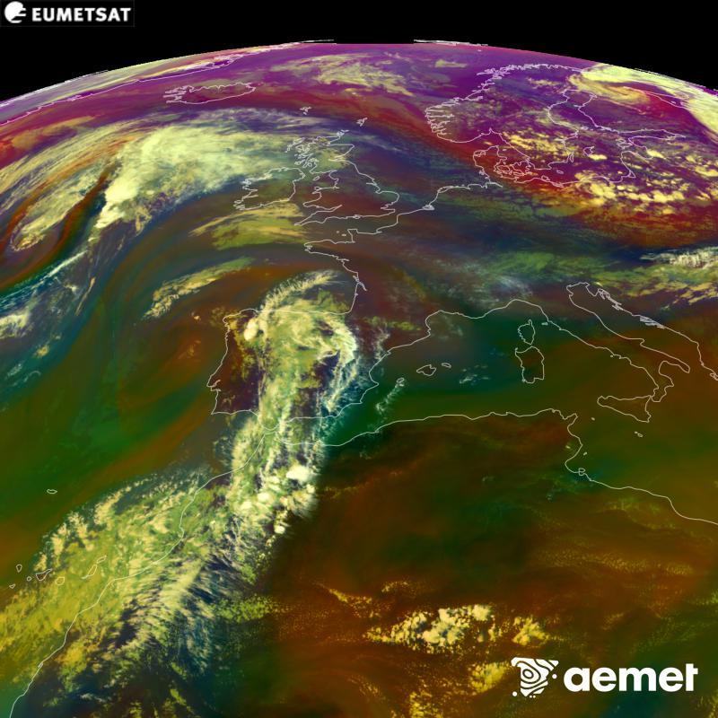 This RGB image is generated using infrared and water vapour channel data from the METEOSAT-12 satellite, which belongs to the third generation of Meteosat satellites (MTG). It gives us an idea of the characteristics of the air masses. The times shown refer to the Iberian Peninsula (one hour earlier in the Canary Islands).&nbsp;Saturday, 5 September  2026 18:00