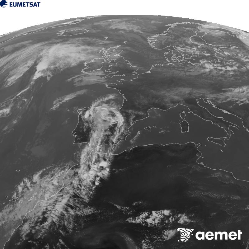 This image has been generated using data from the 10.5 �m infrared channel of the METEOSAT-12 satellite, which belongs to the third generation of Meteosat satellites (MTG). To make the image more closely resemble what the human eye sees, the greyscale has been inverted. The times shown refer to mainland Spain (one hour earlier in the Canary Islands).&nbsp;Saturday, 5 September  2026 18:00