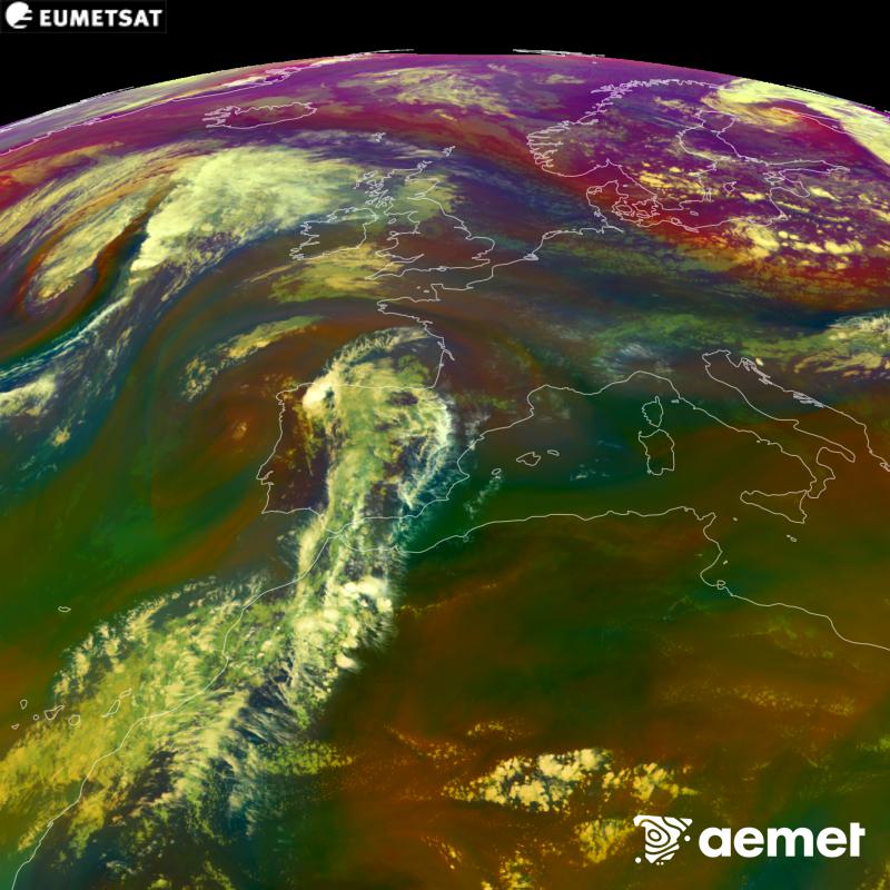 This RGB image is generated using infrared and water vapour channel data from the METEOSAT-12 satellite, which belongs to the third generation of Meteosat satellites (MTG). It gives us an idea of the characteristics of the air masses. The times shown refer to the Iberian Peninsula (one hour earlier in the Canary Islands).&nbsp;Saturday, 5 September  2026 19:00