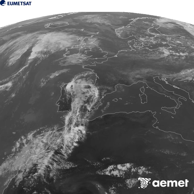 This image has been generated using data from the 10.5 �m infrared channel of the METEOSAT-12 satellite, which belongs to the third generation of Meteosat satellites (MTG). To make the image more closely resemble what the human eye sees, the greyscale has been inverted. The times shown refer to mainland Spain (one hour earlier in the Canary Islands).&nbsp;Saturday, 5 September  2026 19:00