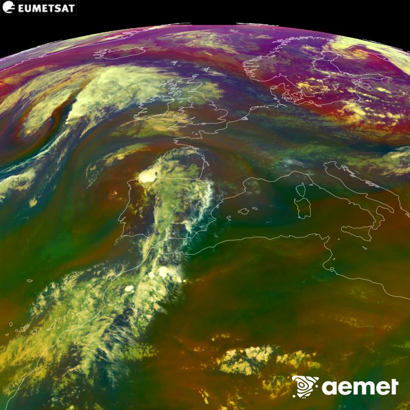 This RGB image is generated using infrared and water vapour channel data from the METEOSAT-12 satellite, which belongs to the third generation of Meteosat satellites (MTG). It gives us an idea of the characteristics of the air masses. The times shown refer to the Iberian Peninsula (one hour earlier in the Canary Islands).&nbsp;Saturday, 5 September  2026 20:00