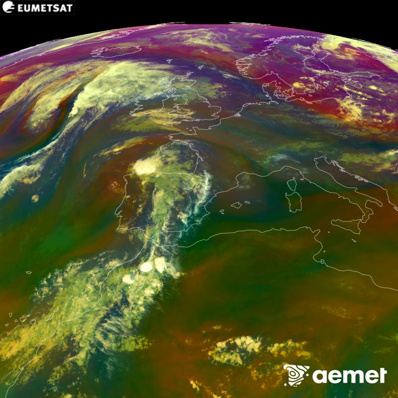 This RGB image is generated using infrared and water vapour channel data from the METEOSAT-12 satellite, which belongs to the third generation of Meteosat satellites (MTG). It gives us an idea of the characteristics of the air masses. The times shown refer to the Iberian Peninsula (one hour earlier in the Canary Islands).&nbsp;Saturday, 5 September  2026 21:00